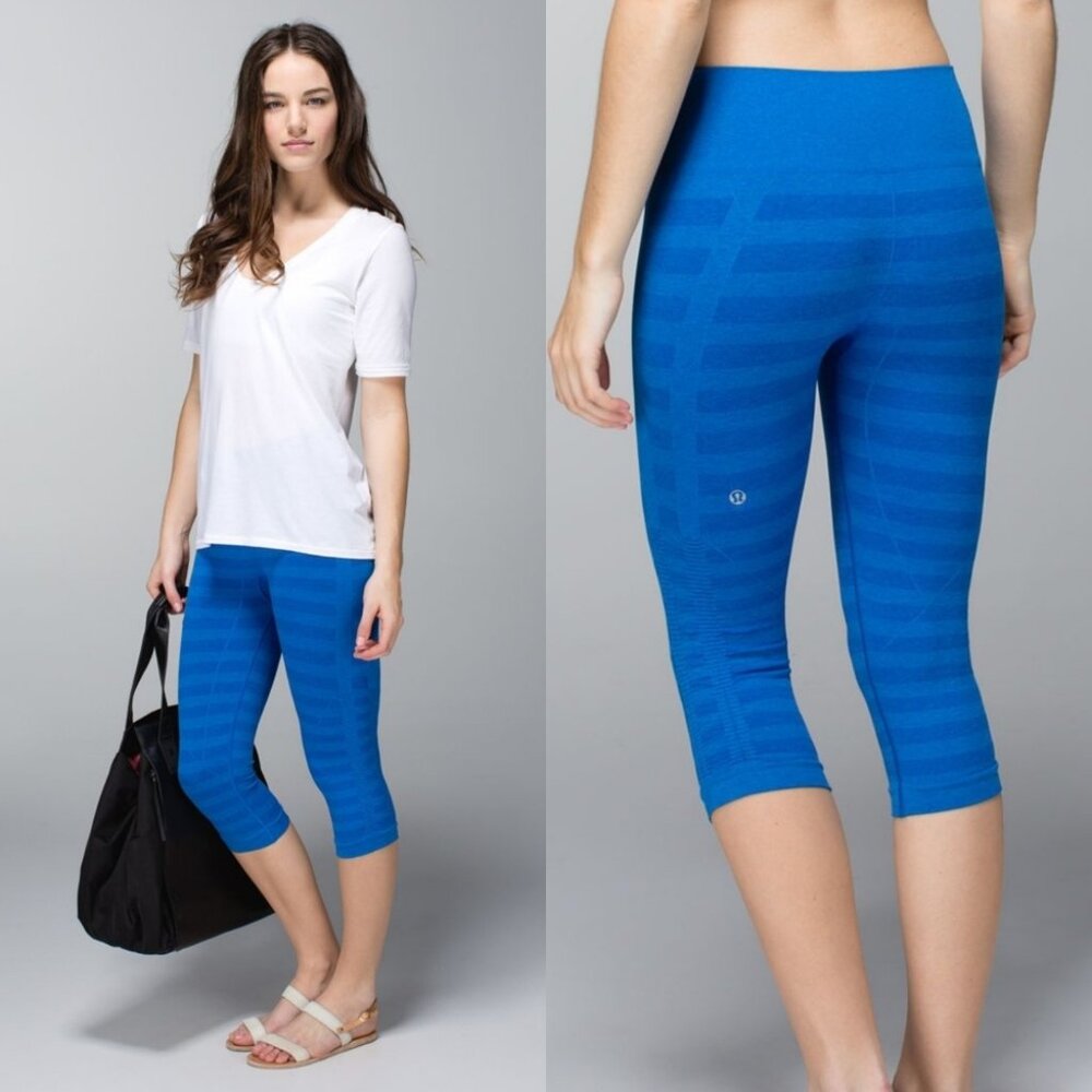 Lululemon In The Flow Crop Seamless Stripe Heathered Baroque Blue Leggings 2